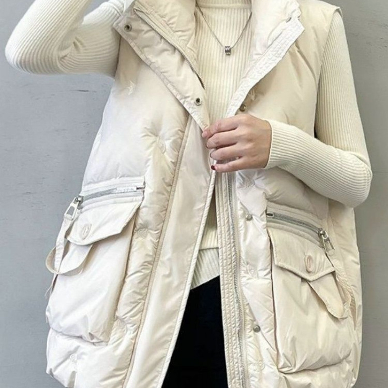 Dámska vesta s výplňou z peria a bavlny, kórejský štýl, golier polo, voľný strih, dĺžka 50–65 cm