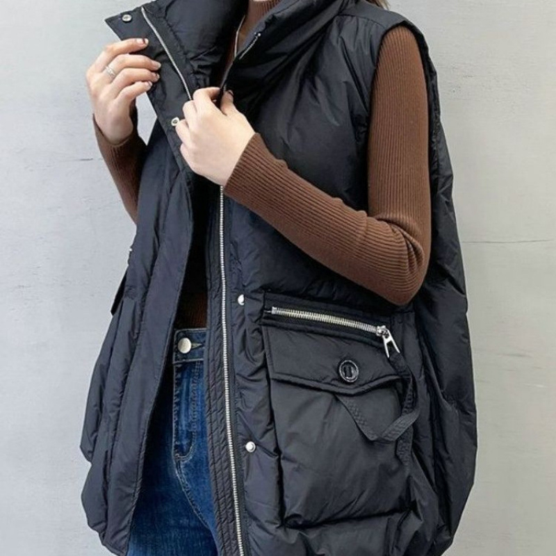 Dámska vesta s výplňou z peria a bavlny, kórejský štýl, golier polo, voľný strih, dĺžka 50–65 cm