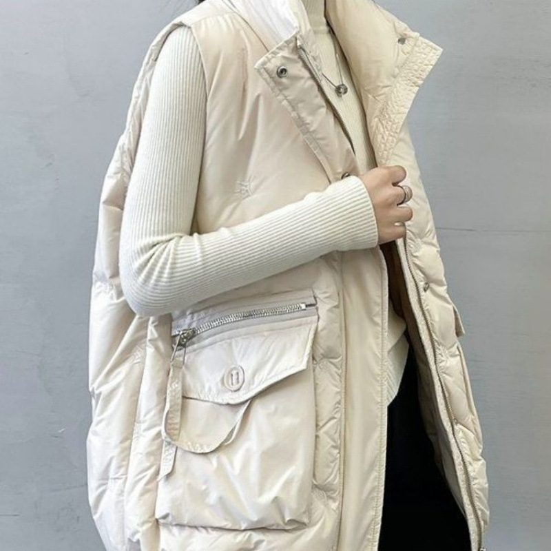 Dámska vesta s výplňou z peria a bavlny, kórejský štýl, golier polo, voľný strih, dĺžka 50–65 cm