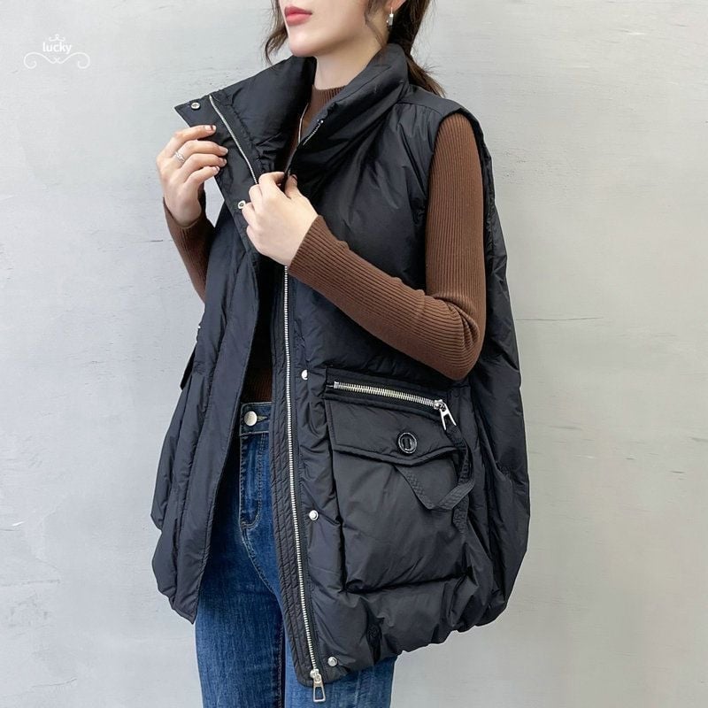 Dámska vesta s výplňou z peria a bavlny, kórejský štýl, golier polo, voľný strih, dĺžka 50–65 cm