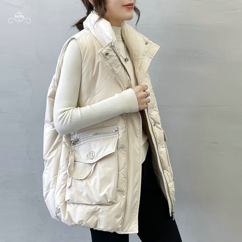 Dámska vesta s výplňou z peria a bavlny, kórejský štýl, golier polo, voľný strih, dĺžka 50–65 cm