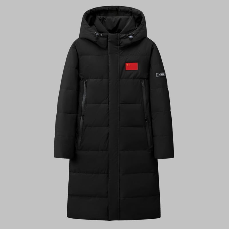 Duga zimska jakna s punom gusjih perja, 360 punjenje, kašmir 36–40%, vjetrootpornost i otpornost na hladnoću, kapuljača, zatvarač, podstava od poliester