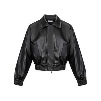 Kožna jakna minimalističkog stila, rever ovratnik, labav kroj, zatvaranje zipom, poliester tkanina, muški, jesen-zima 2025