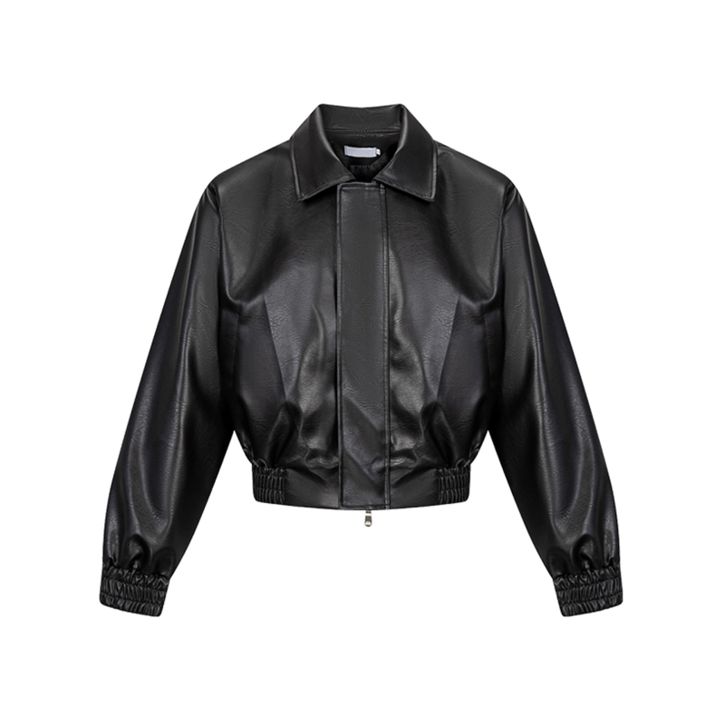 Kožna jakna minimalističkog stila, rever ovratnik, labav kroj, zatvaranje zipom, poliester tkanina, muški, jesen-zima 2025