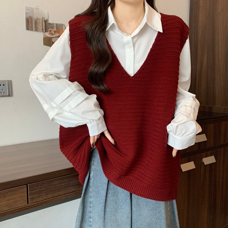 Bez rukávov pletená vesta s výstrihom do V, korejský voľný štýl, zmes akrylu a elastanu, výplň bavlna, jeseň 2025