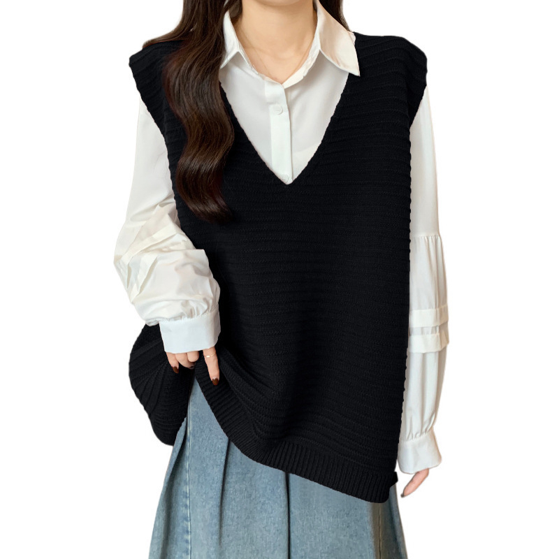Bez rukávov pletená vesta s výstrihom do V, korejský voľný štýl, zmes akrylu a elastanu, výplň bavlna, jeseň 2025