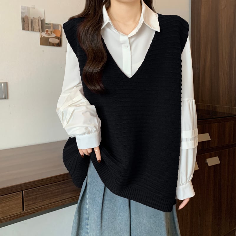 Bez rukávov pletená vesta s výstrihom do V, korejský voľný štýl, zmes akrylu a elastanu, výplň bavlna, jeseň 2025
