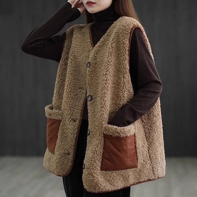 Ženska vesta za plus veličinu od ovčje vune fleece, debela za jesen/zimu, opuštenog kroja