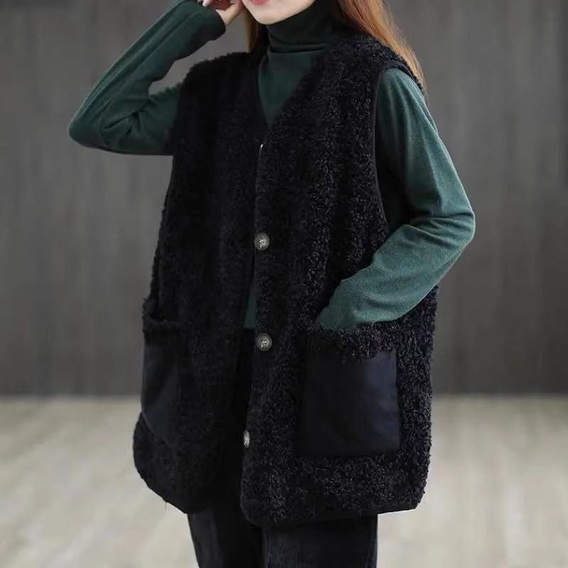 Ženska vesta za plus veličinu od ovčje vune fleece, debela za jesen/zimu, opuštenog kroja