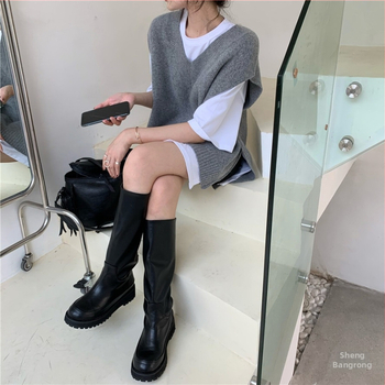 Dámska pletená vesta bez rukávov s V-krkom, voľný strih, dĺžka 50-65 cm, látka: zmes spandexu, štýl I-tvar, Royal Sister, jeseň-zima 2025