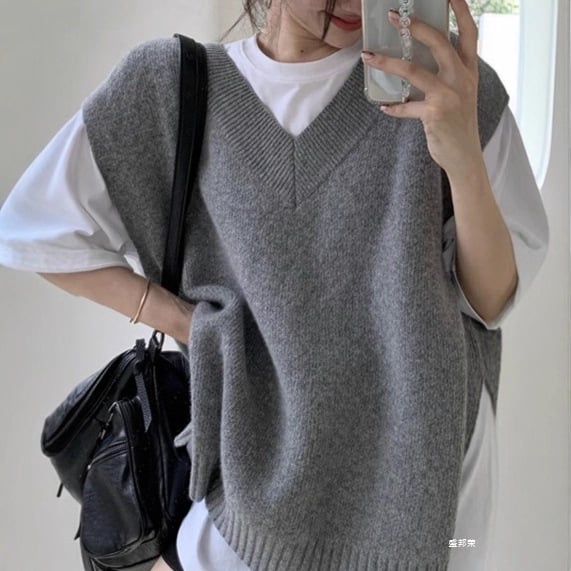 Dámska pletená vesta bez rukávov s V-krkom, voľný strih, dĺžka 50-65 cm, látka: zmes spandexu, štýl I-tvar, Royal Sister, jeseň-zima 2025