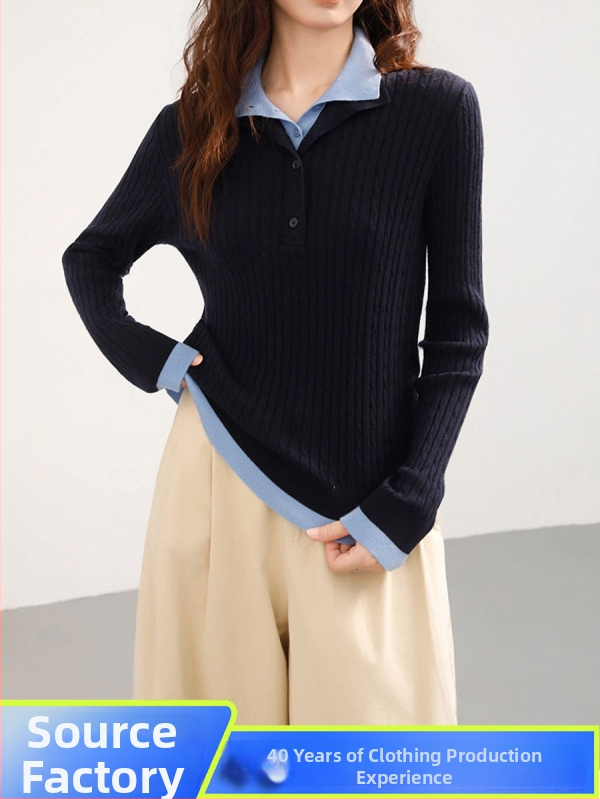 Ženski pulover s kapuljom od vunene smjese, lažni dvodijelni dizajn, uski kroj, strojno pranje