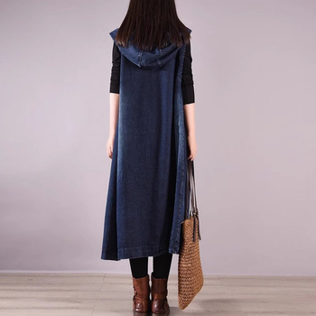 Džínsová vesta bez rukávov s kapucňou, dlhá po kolená, cardigan štýl pre mestskú dochádzku, denim tkanina s bavlnou