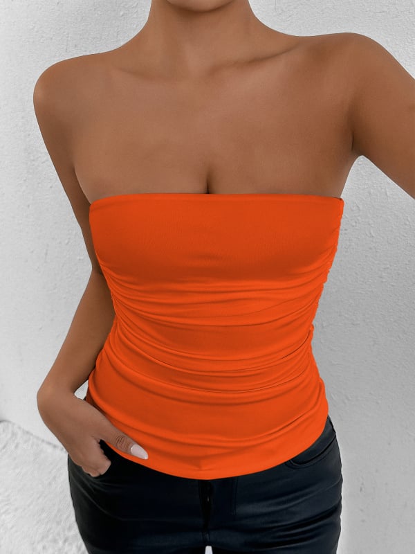 Топ без презрамки с открито деколте — тънък силует, къса дължина ≤40 см, плат Milk Silk, полиестер 95%+, спандекс ≤30%, Лято 2025