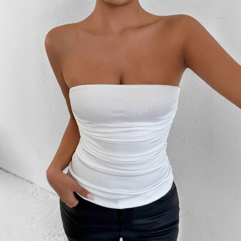 Топ без презрамки с открито деколте — тънък силует, къса дължина ≤40 см, плат Milk Silk, полиестер 95%+, спандекс ≤30%, Лято 2025