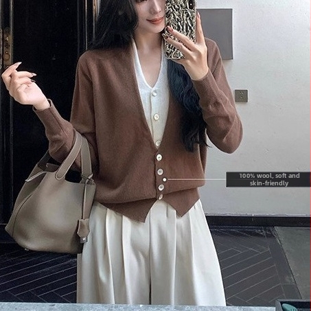 Ženský vlnený kardigán s kapucňou a kašmírom, falošný dvojdielny set, voľný strih, V-krk