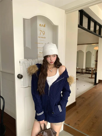 Dámsky kapucňový kardigán z chenille, s kožušinovým golierom, hrubá vlneno-polyesterová zmes, dvojcestný zips