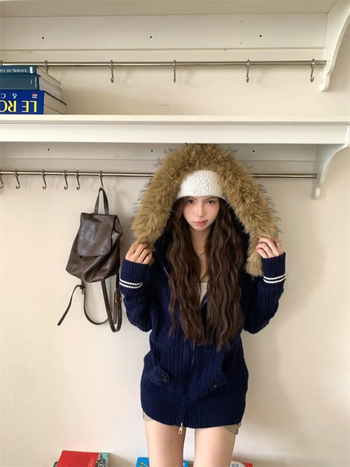 Dámsky kapucňový kardigán z chenille, s kožušinovým golierom, hrubá vlneno-polyesterová zmes, dvojcestný zips