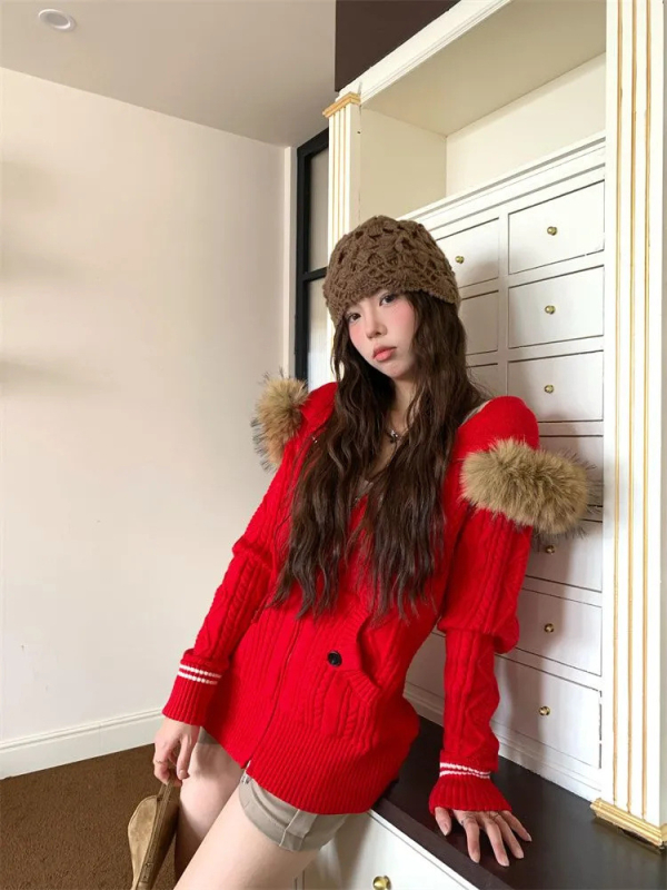 Dámsky kapucňový kardigán z chenille, s kožušinovým golierom, hrubá vlneno-polyesterová zmes, dvojcestný zips