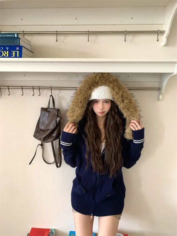 Dámsky kapucňový kardigán z chenille, s kožušinovým golierom, hrubá vlneno-polyesterová zmes, dvojcestný zips