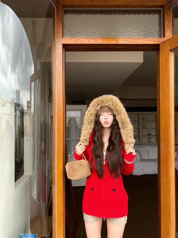 Dámsky kapucňový kardigán z chenille, s kožušinovým golierom, hrubá vlneno-polyesterová zmes, dvojcestný zips