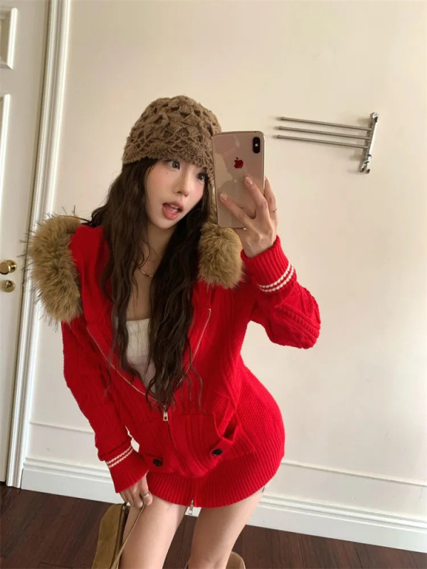 Dámsky kapucňový kardigán z chenille, s kožušinovým golierom, hrubá vlneno-polyesterová zmes, dvojcestný zips