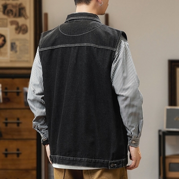 Τζιν γιλέκο εργασίας, φαρδιά γραμμή, ρετρό στυλ, κολάρο τύπου πέτο, διπλό κλείσιμο μπροστά, μονόχρωμο βαμβακερό ύφασμα, επένδυση από βαμβάκι, άνοιξη