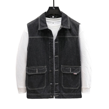 Τζιν γιλέκο εργασίας, φαρδιά γραμμή, ρετρό στυλ, κολάρο τύπου πέτο, διπλό κλείσιμο μπροστά, μονόχρωμο βαμβακερό ύφασμα, επένδυση από βαμβάκι, άνοιξη