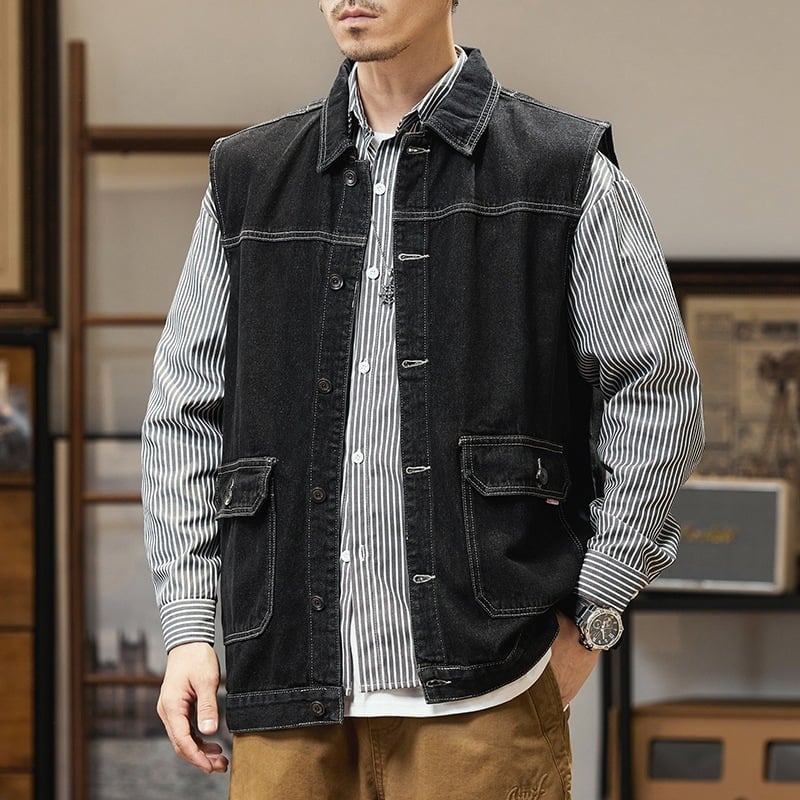 Τζιν γιλέκο εργασίας, φαρδιά γραμμή, ρετρό στυλ, κολάρο τύπου πέτο, διπλό κλείσιμο μπροστά, μονόχρωμο βαμβακερό ύφασμα, επένδυση από βαμβάκι, άνοιξη