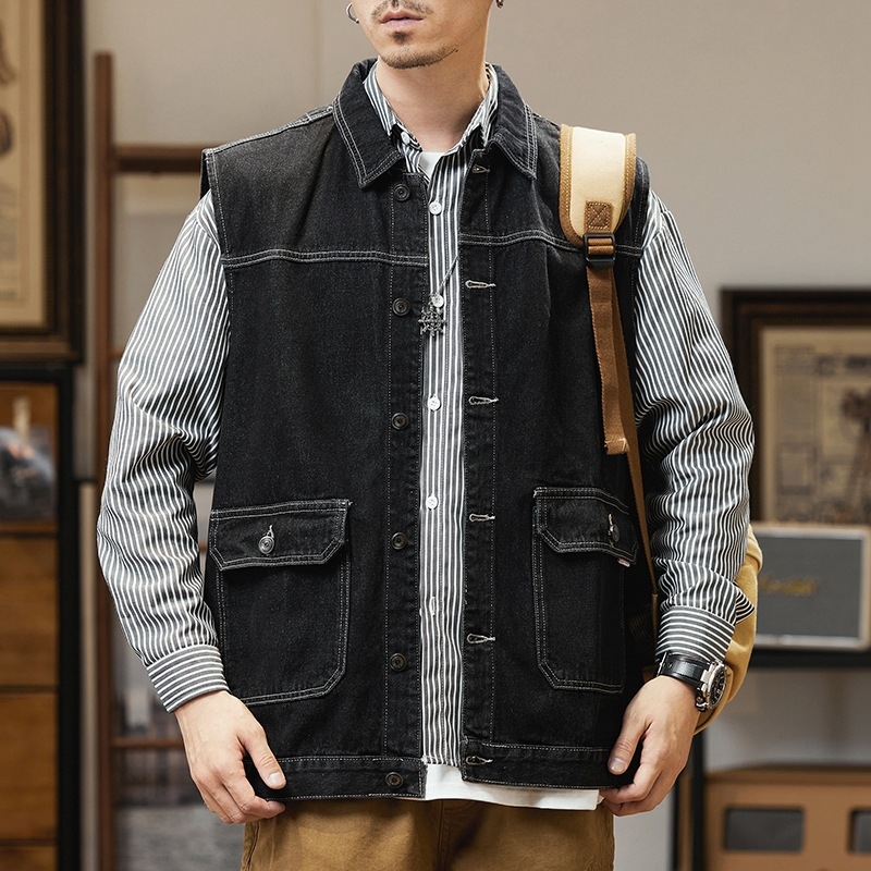 Τζιν γιλέκο εργασίας, φαρδιά γραμμή, ρετρό στυλ, κολάρο τύπου πέτο, διπλό κλείσιμο μπροστά, μονόχρωμο βαμβακερό ύφασμα, επένδυση από βαμβάκι, άνοιξη