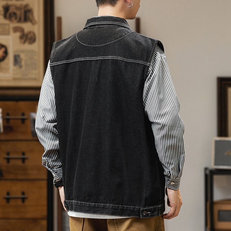 Τζιν γιλέκο εργασίας, φαρδιά γραμμή, ρετρό στυλ, κολάρο τύπου πέτο, διπλό κλείσιμο μπροστά, μονόχρωμο βαμβακερό ύφασμα, επένδυση από βαμβάκι, άνοιξη