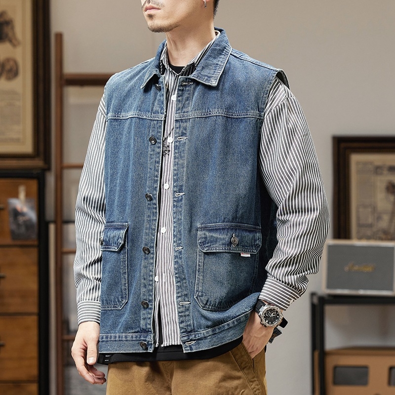 Τζιν γιλέκο εργασίας, φαρδιά γραμμή, ρετρό στυλ, κολάρο τύπου πέτο, διπλό κλείσιμο μπροστά, μονόχρωμο βαμβακερό ύφασμα, επένδυση από βαμβάκι, άνοιξη