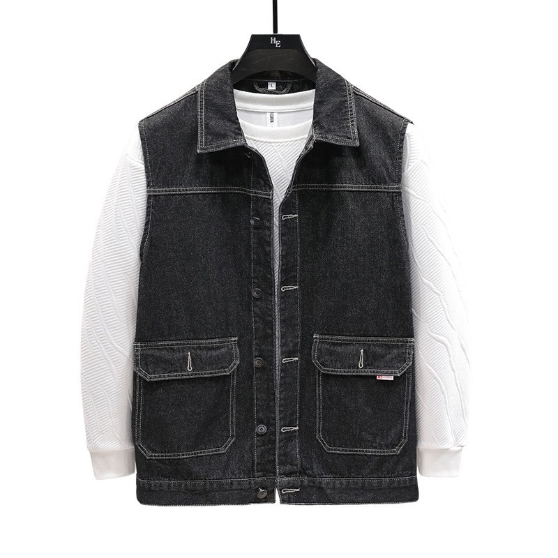 Τζιν γιλέκο εργασίας, φαρδιά γραμμή, ρετρό στυλ, κολάρο τύπου πέτο, διπλό κλείσιμο μπροστά, μονόχρωμο βαμβακερό ύφασμα, επένδυση από βαμβάκι, άνοιξη