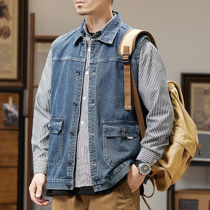 Τζιν γιλέκο εργασίας, φαρδιά γραμμή, ρετρό στυλ, κολάρο τύπου πέτο, διπλό κλείσιμο μπροστά, μονόχρωμο βαμβακερό ύφασμα, επένδυση από βαμβάκι, άνοιξη