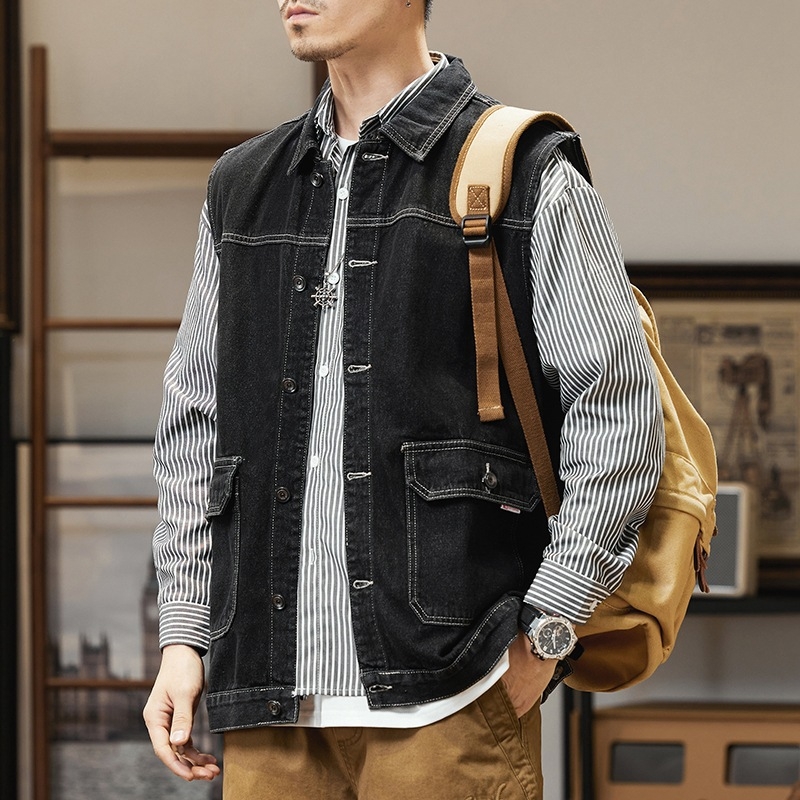 Τζιν γιλέκο εργασίας, φαρδιά γραμμή, ρετρό στυλ, κολάρο τύπου πέτο, διπλό κλείσιμο μπροστά, μονόχρωμο βαμβακερό ύφασμα, επένδυση από βαμβάκι, άνοιξη