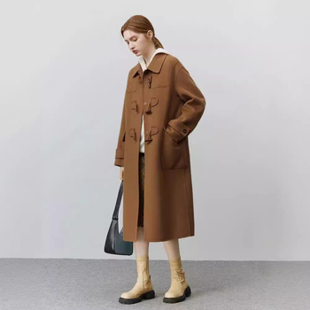 Ženski tweed kaput, dvostruki, ručna izrada, kopče od roga, francuski stil, dugačka duljina, rever