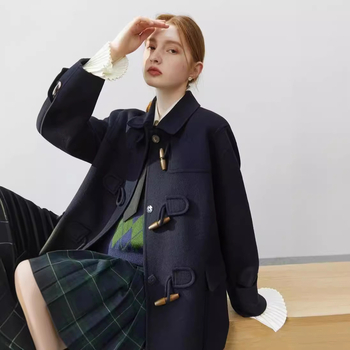 Ženski tweed kaput, dvostruki, ručna izrada, kopče od roga, francuski stil, dugačka duljina, rever