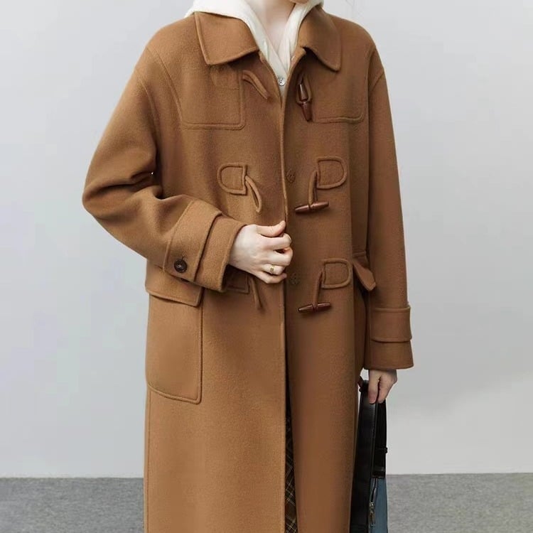 Ženski tweed kaput, dvostruki, ručna izrada, kopče od roga, francuski stil, dugačka duljina, rever