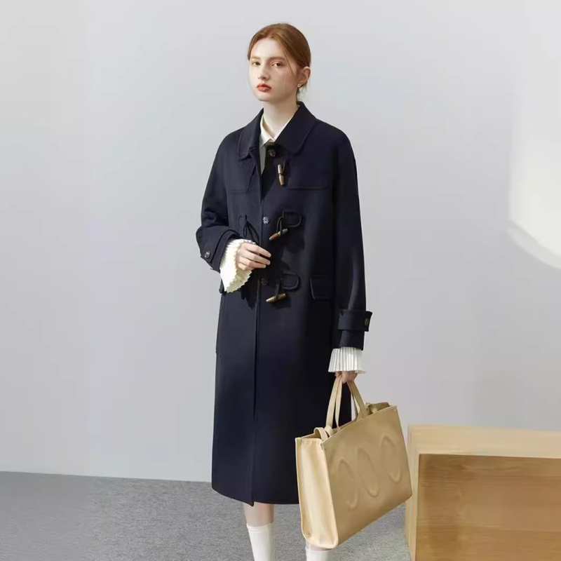 Ženski tweed kaput, dvostruki, ručna izrada, kopče od roga, francuski stil, dugačka duljina, rever
