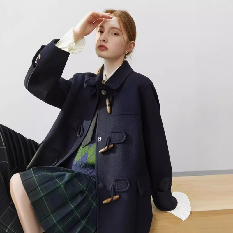 Ženski tweed kaput, dvostruki, ručna izrada, kopče od roga, francuski stil, dugačka duljina, rever