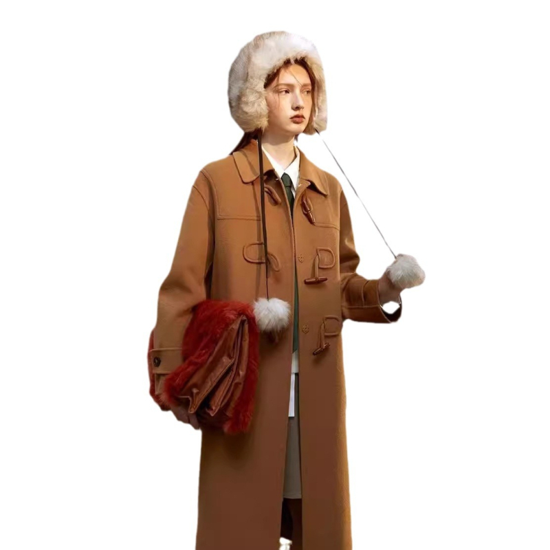 Ženski tweed kaput, dvostruki, ručna izrada, kopče od roga, francuski stil, dugačka duljina, rever