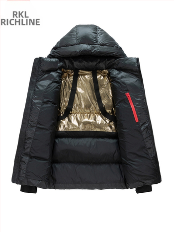 Pánska kapucňová krátka pérová bunda, hrubá na zimu, obsah peria 76-80%, výplň: kačacie perie, nepremokavá, ochrana proti teplotám -20°C až -5°C