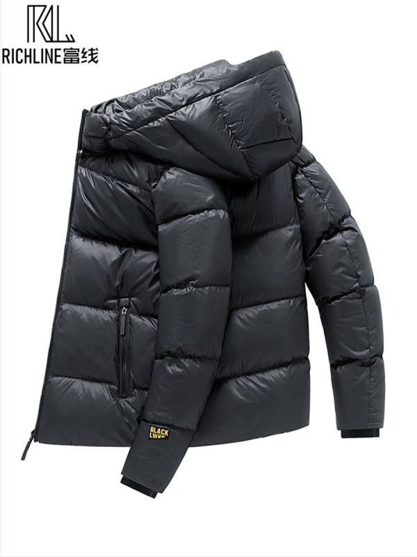 Pánska kapucňová krátka pérová bunda, hrubá na zimu, obsah peria 76-80%, výplň: kačacie perie, nepremokavá, ochrana proti teplotám -20°C až -5°C