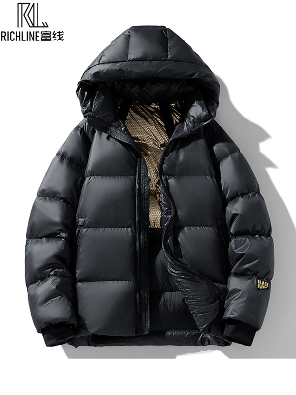 Pánska kapucňová krátka pérová bunda, hrubá na zimu, obsah peria 76-80%, výplň: kačacie perie, nepremokavá, ochrana proti teplotám -20°C až -5°C