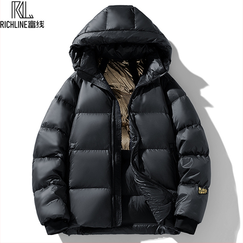 Pánska kapucňová krátka pérová bunda, hrubá na zimu, obsah peria 76-80%, výplň: kačacie perie, nepremokavá, ochrana proti teplotám -20°C až -5°C