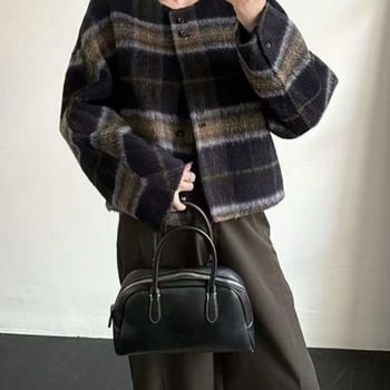 Ženski vuneni kaput s korejskim kariranim uzorkom, okrugli ovratnik, bat rukav, slobodan kroj, jednoredno kopčanje, jesen 2025