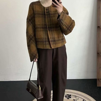 Ženski vuneni kaput s korejskim kariranim uzorkom, okrugli ovratnik, bat rukav, slobodan kroj, jednoredno kopčanje, jesen 2025