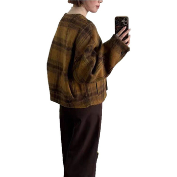 Ženski vuneni kaput s korejskim kariranim uzorkom, okrugli ovratnik, bat rukav, slobodan kroj, jednoredno kopčanje, jesen 2025