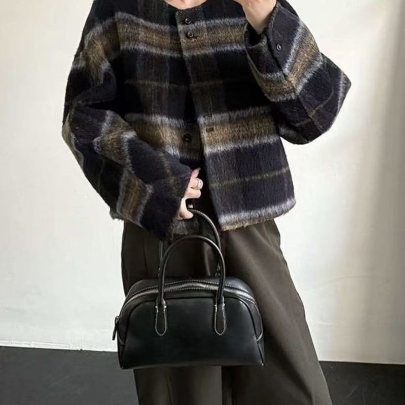 Ženski vuneni kaput s korejskim kariranim uzorkom, okrugli ovratnik, bat rukav, slobodan kroj, jednoredno kopčanje, jesen 2025