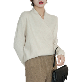 Ženski vuneni pulover s V-izrezom, dugi rukavi, žakardno pletenje, 95% vuna